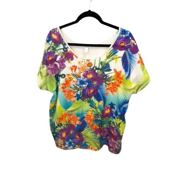 dressbarn Tops - DRESSBARN Plus Size Cap Sleeve Hawaiian Floral Polyester Round Neck Top Size 1X